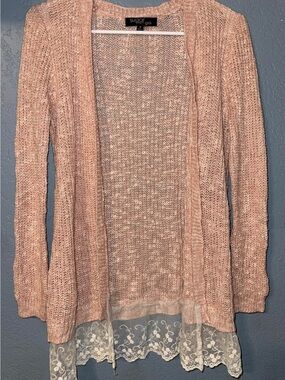 Sugar Rush Girls Blush Pink Open-Front Knit Cardigan with Lace Hem